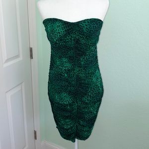 Ruched strapless green and black leopard dress